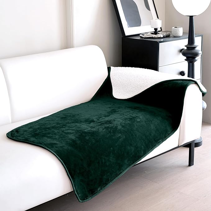 gogobunny Waterproof Bed Blanket, Reversible Sherpa Fleece Throw Blanket for Dog Puppy Cat, Furniture Cover Protects Bed Couch Sofa from Liquid Pee and Pet Fur (Forest Green, 30x70 inches)