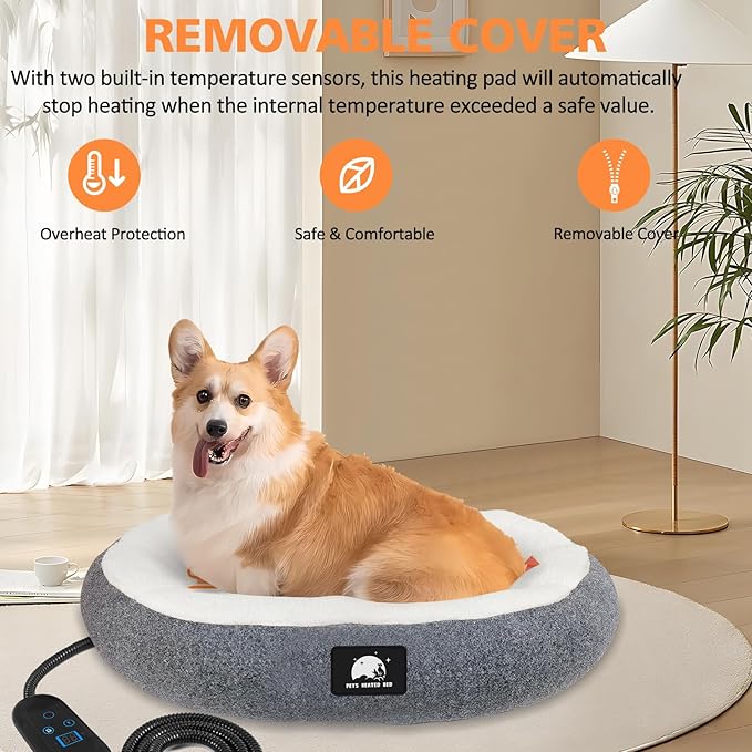 Heated Cat Bed for Small Cats, 19" Soft & Cozy Donut Pet Bed With Timer & Temp Adjustable Heating Pad for Indoor Kitten, Electric Warmer