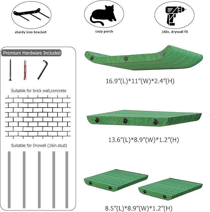 Cat Wall Shelves for Inside,Sound Proof PET Felt Cat Furniture Set,Scratch Resistant Wall Mouted Perch for Kitty Climbing, Sleeping and Lounging (Set of 4-Green)