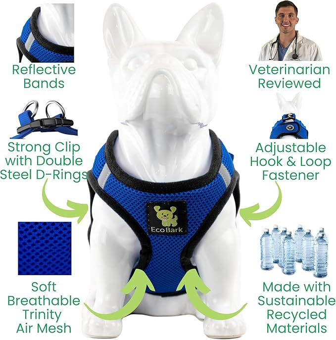 EcoBark Step in Dog Harness - Eco-Friendly Dog Harnesses for Small and Medium Breed Dogs - Reflective and Adjustable Body Halter Vest - Soft Mesh Toy Breed Harness (Royal Blue, Large)
