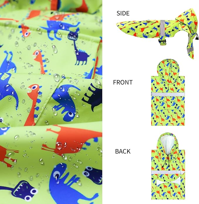 NACOCO Large Dog Raincoat Adjustable - Pet Dinosaurs Water Proof Clothes Lightweight Rain Jacket Poncho Hoodies with Strip Reflective Green (XL, Green Dinosaur)
