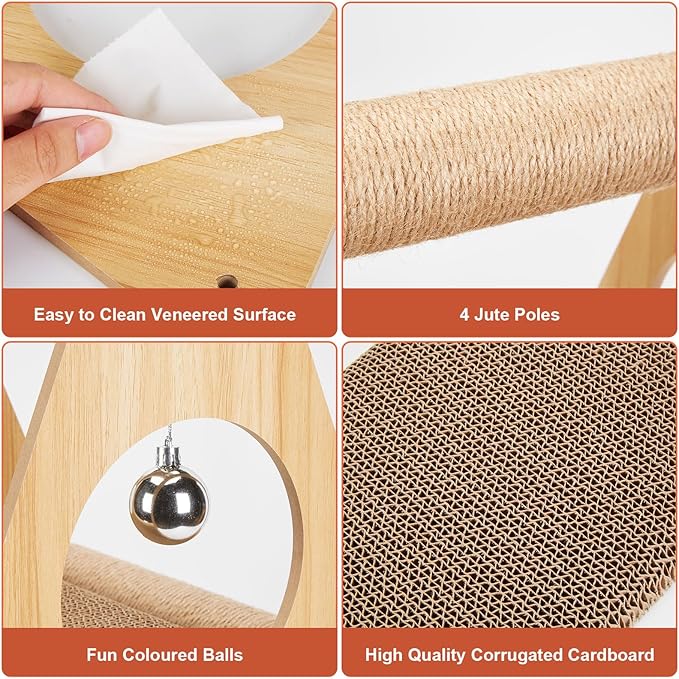 Ownpets Cat Scratcher Cat House, Double-Layer Triangular Shape Cat Scratching Board, 2 in 1 Cat Scratching Post with Ball Toys for Indoor