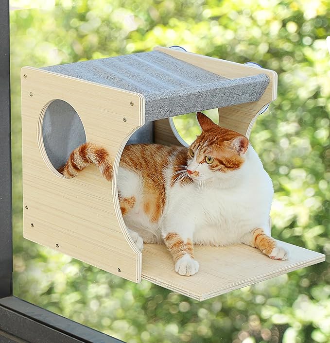 Window Cat Perch Shelves for Inside, Sturdy Wood Climbing Seat Mounted with Heavy Duty Suction Cups, Corner Window Bed for Overlooking and Sleeping(Right)