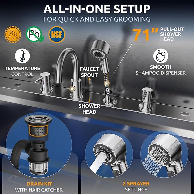 KANIS Professional Dog Washing Station - 304 Stainless Steel Pet Wash Sink & Grooming Bathtub w/Shower, Floor Grates and Storage for Large, Medium & Small Pets (61", 1 Drawer - Right Ramp)