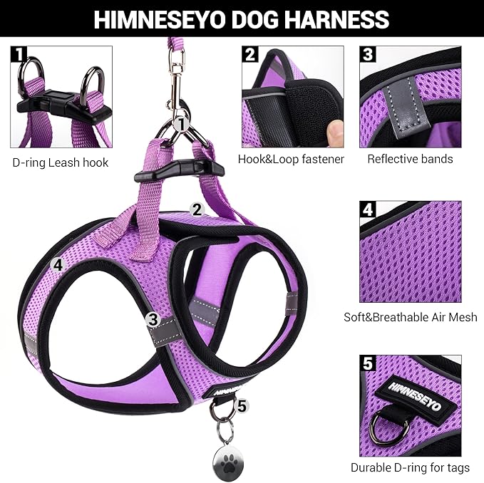 Dog Harness and Leash Set, Dog Harness for Dogs No Pull, No-Chock Step-in Reflective Breathable Lightweight Easy Walk Vest Harnesses with Safety Buckle for Small Medium Dogs, Cats (Light Purple, L)