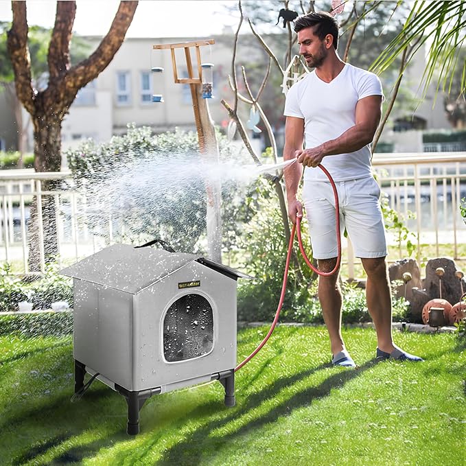 Heated Cat House for Indoor Cats in Winter, Waterproof, Fully Insulated Shelter for Stray and Feral Cats, Great for Cat Houses for Indoor Cats and Cat Beds for Indoor Cats (Grey-Heat, Medium)