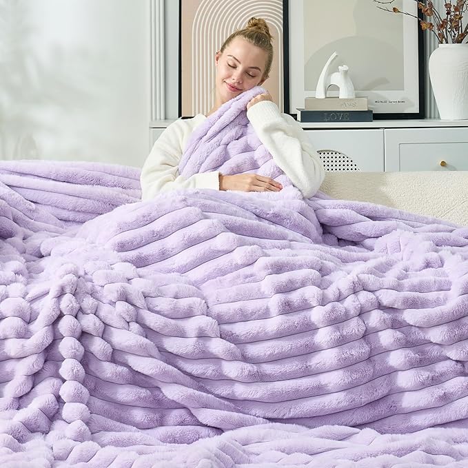 Cozy Bliss Faux Fur Throw Blanket for Couch, Cozy Warm Plush Striped Blanket for Sofa Bedroom Living Room, 108 * 90 Inches Lavender