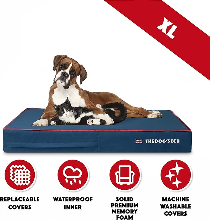 The Dog’s Bed Orthopedic Memory Foam Dog Bed, XL Blue Oxford with Red Trim UK Flag, Pain Relief for Arthritis, Hip & Elbow Dysplasia, Post Surgery, Supportive, Calming, Waterproof Washable