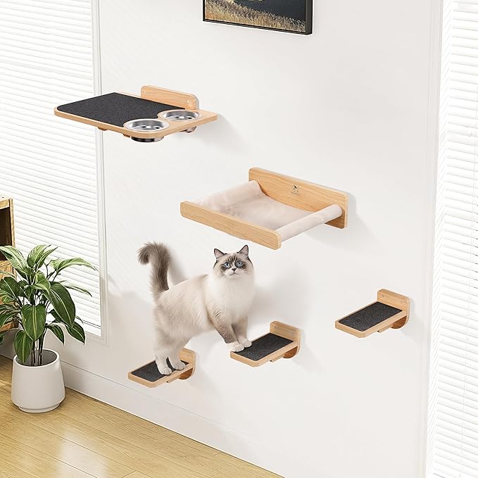 Space-Saving Cat Wall Shelves – Interactive Cat Wall Climber with Hammock & Dog Proof Feeding Station for All Indoor Breeds – Solid Natural Wood with Gray Carpet