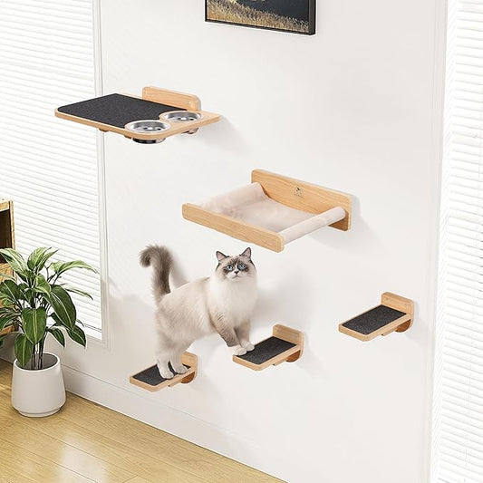 Space-Saving Cat Wall Shelves – Interactive Cat Wall Climber with Hammock & Dog Proof Feeding Station for All Indoor Breeds – Solid Natural Wood with Gray Carpet