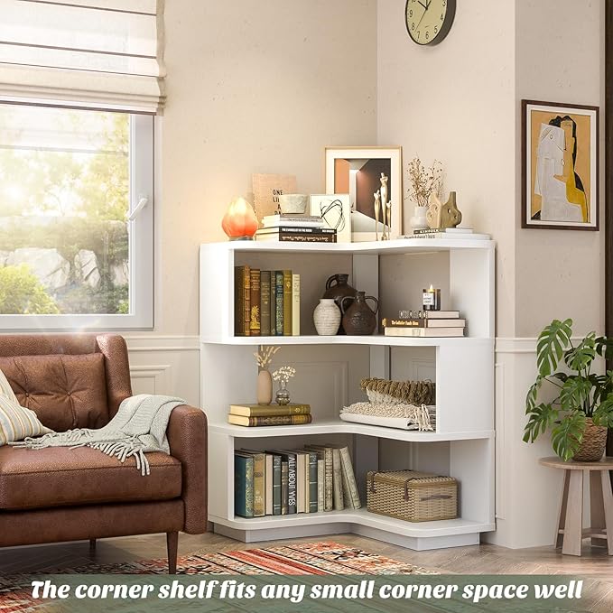 Armocity Corner Book Shelf - 4 Tier Corner Bookshelf Etagere Bookcase with Baffle, Freestanding L Shaped Display Shelf Stand for Home Office, Living Room, Bedroom, Kitchen, White