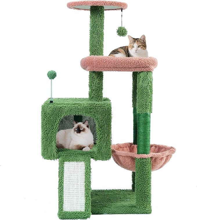 TWDEPART 37.5" All-in-One Cat Tree Tower with Scratching Board & Posts Cozy Sleeping Perch Hammock and Toy Balls, Green