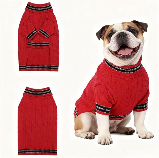 Medium/Large Dog Sweater, Warm Dog Winter Coat w/Sleeves, Comfortable High Neck & Leash Hole, Premium Dog Clothes for Bulldog-Best for Holidays, Daily Walks L Bright Red