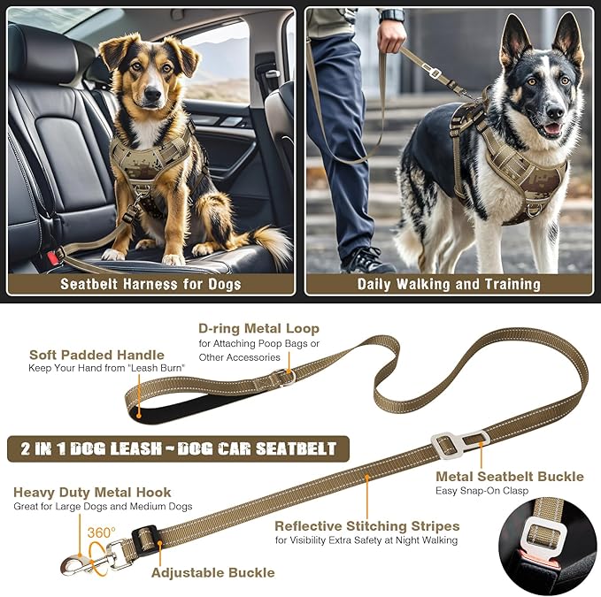 Tactical Dog Harness and Leash Set Small Sized Dog,Heavy Duty No Pull Service Dog Vest and 10 Patches with Dog Seat Belt,Reflective Adjustable Pet Harness for Training Walking Hiking Camo S