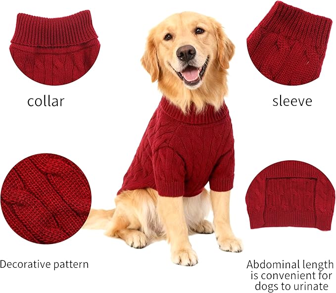 Medium/Large Dog Sweater, Warm Dog Winter Coat w/Sleeves, Comfortable High Neck Premium Dog Clothes for Golden Retriever-Best for Holidays, Daily Walks XXL Deep Red