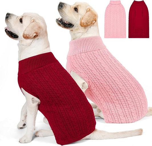 2 Pack Dog Sweaters for Big Dogs Turtleneck Pullover Cable Knit Large Size Stretch Clothes Pitbull Labrador Bulldog Doberman Boy Girl Pets Winter Clothes (XXL, Pink & Red)