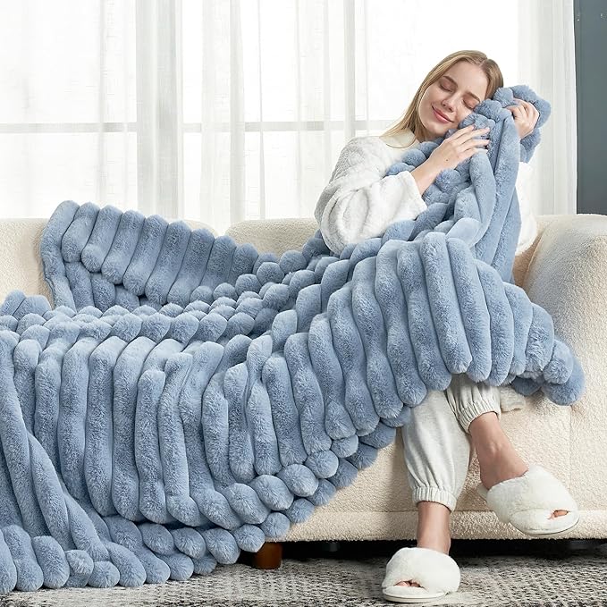 Cozy Bliss Faux Fur Throw Blanket for Couch, Cozy Warm Plush Striped Blanket for Sofa Bedroom Living Room, 50 * 60 Inches Light Blue