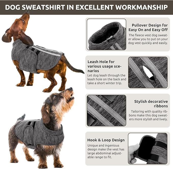 Queenmore Large Dog Sweaters, Soft Fleece Vest Pullover Dog Jacket with Leash Hole, Warm Winter Dogs Clothes Cold Weather Doggy Dachshund Sweater for Large Dogs Cats Boy or Girl (Cationic Gray, L)