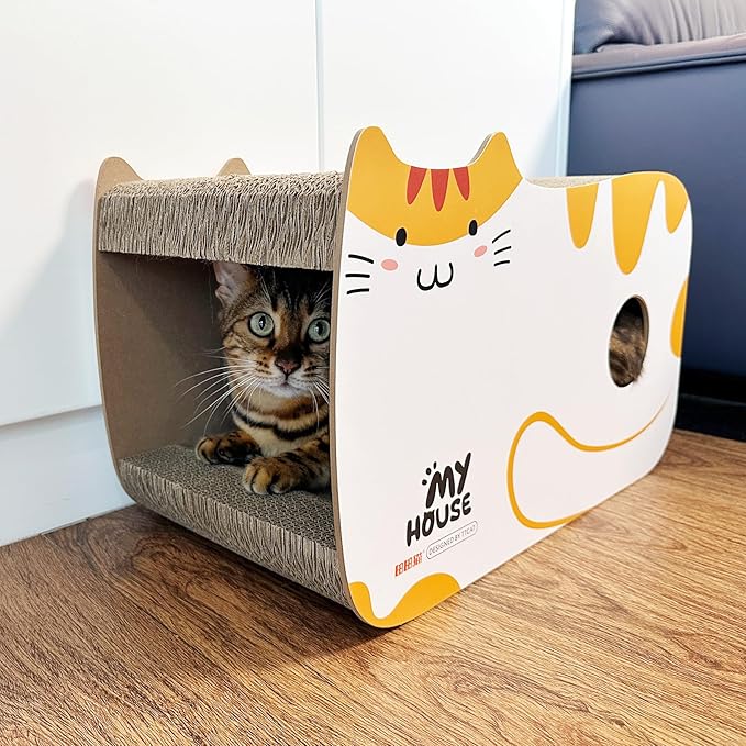 TTCAT Cute Kawaii Cat House Cat Scratching Pad Corrugated Cardboard Cat Scratcher Lounge, Durable Cat Scratching Board with Catnip for Furniture Protection.Yellow+White