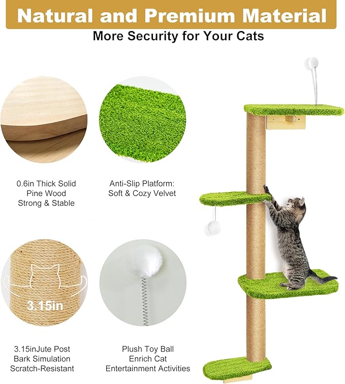 Cat Wall Climber and Floating Shelves, Wall Mounted Cat Tree for Kittens & Cats Up to 30lbs, 4-Tier Adjustable Design with Green Plush Pads