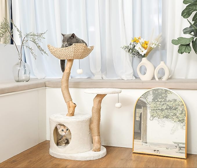 Modern Cat Tree for Indoor Small Cats - Real Wood Cat Tower with Scratch Post, Hiding Enclosure - Unique, Boho,White