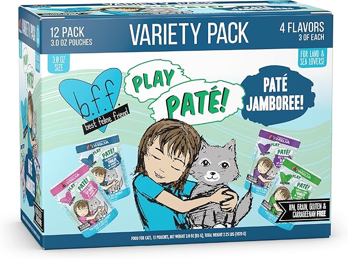 Weruva B.F.F. Play - Best Feline Friend Paté Lovers, Aw Yeah!, Paté Jamboree! Variety Pack, 3oz Pouch (Pack of 12)