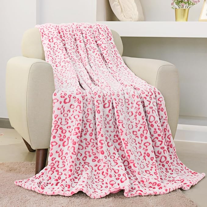 FY FIBER HOUSE Flannel Fleece Leopard Print Throw Blanket Super Soft Lightweight Fluffy Throw for Couch, 90"X90",Hot Pink
