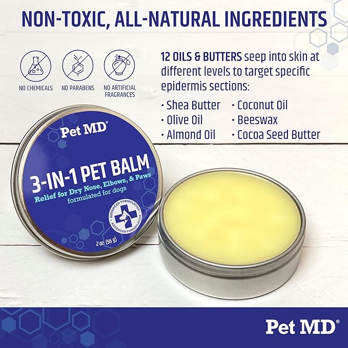 Pet MD Dog Paw Balm - 3-in-1 Paw, Nose/Snout, & Elbow Moisturizer & Paw Protectors for Dogs - 2 oz Paw Wax with Shea Butter, Coconut Oil, & Beeswax