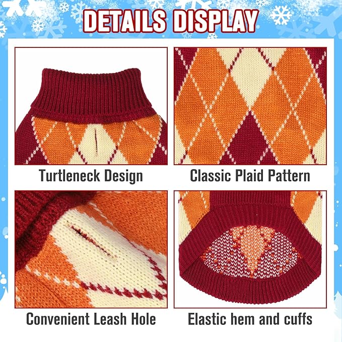 KOOLTAIL Small Dog Sweater, Knit Turtleneck Fall Thanksgiving Dog Sweaters for Medium Large Dogs, Plaid Pullover Cold Weather Knitwear Pet Winter Warm Clothes, Puppy Coat for Girls Boys, Orange S