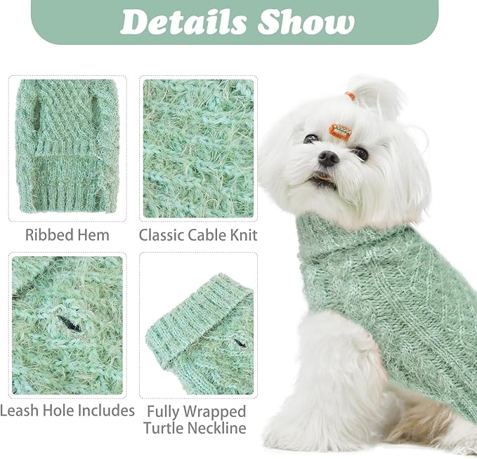 Turtleneck Small Dog Sweaters - Classic Cable Knitwear Winter Coat for Small Medium Dogs Male Female Puppy Dog Cold Weather Clothes Girls Boys, Green, S