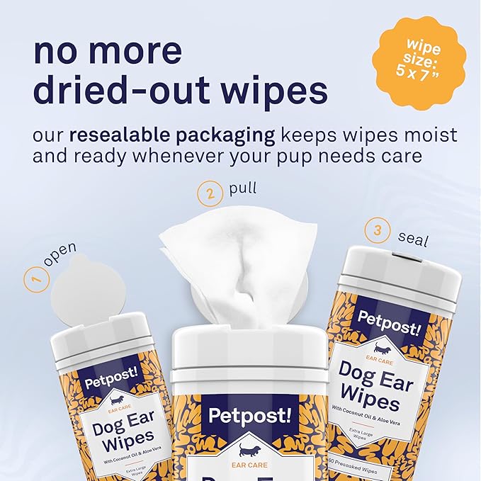 Petpost Large Dog Ear Cleaner Wipes | Ultra Soft XL Cotton Pads in Coconut Oil Aloe Solution | Remedy for Dog Ear Rinse & Cleanser 60 ct.
