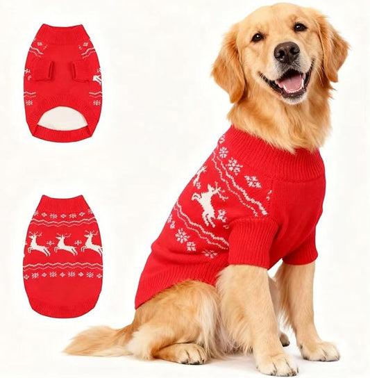 Christmas Medium/Large Dog Sweater, Warm Dog Winter Coat w/Sleeves & Leash Hole, Comfy Stretch Premium Dog Clothes for Golden Retriever-Best for Holidays, Daily Walks XXL Red