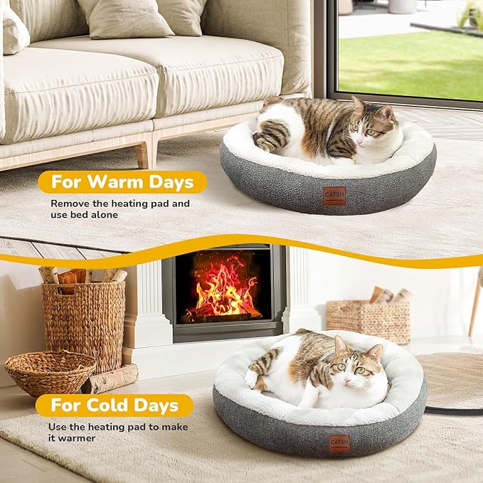CATISM Heated Cat Bed Indoor - Self Warming Cats Beds, Heating Cat Beds for Indoor Kitten or Small Animals, Cozy Donut Heated Kitty Cave with Timer & Temp Adjustable, Heating Pad with Non-Slip Bottom