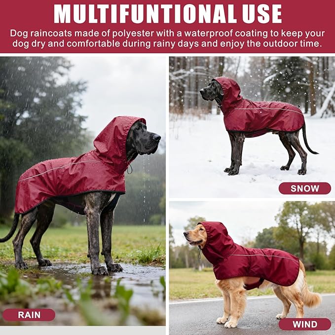 Mosucoirl Dog Raincoat Jacket Reflective Adjustable Hooded Pet Poncho Rain Coats with Leash Hole Waterproof Clothes for Small Medium Large Dogs (Red, XL)