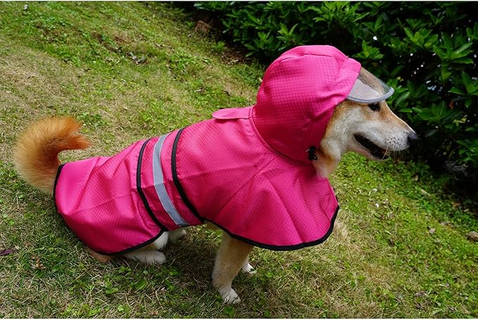 Dog Raincoat Waterproof Reflective Slicker - Lightweight Breathable Hooded Poncho Rain Coat Jacket with Adjustable Belly Strap and Leash Hole for Small Medium Large Dogs (Pink, Small)