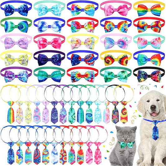 Eccliy 50 Pcs Tie Dye Dog Collars for Dogs Spring Summer Cute Puppy Bow Ties Adjustable Neckties Set Bow Collar for Pet Decoration Supplies