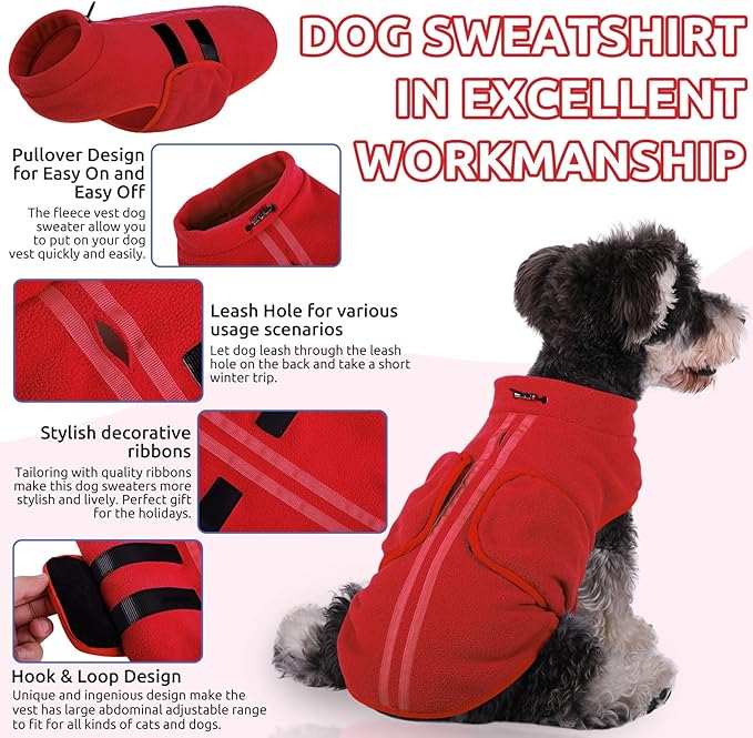 Queenmore Soft Fleece Dog Jacket, Warm Winter Dog Clothes with Leash Hole, Dachshund Sweater for Small Dogs Cats Boy or Girl (Red, XS)