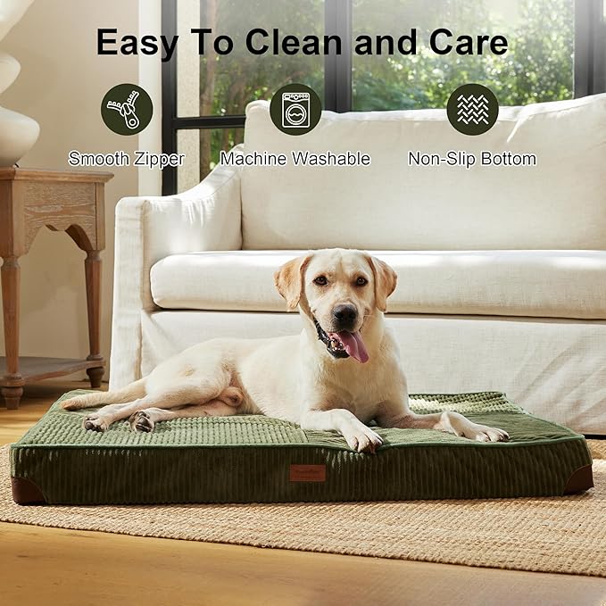 FUKUMARU Dog Bed, Plush Corduroy Orthopedic Dog Beds with Removable Washable Cover, XL Waterproof Dogs Bed for Crate, Egg Crate Foam Support Pet Mat, Cozy Pet Bed Mat with Anti-Slip Bottom, Green