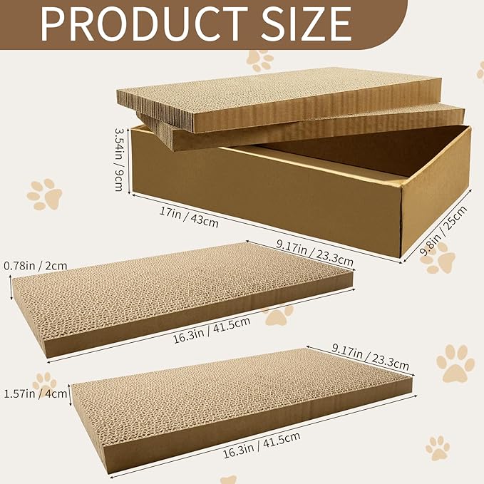 Cardboard Cat Scratcher Box Set of 2, 17 Inch Corrugated Cat Scratch Pad with 4 Double-Sided Curved Wave Shaped Pad for Indoor Cats Kitty Play Rest Grind Claws