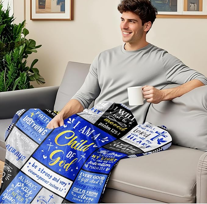 Christian Blanket Gifts for Men, Baptism Gifts for Boys, Inspirational Birthday Religious Catholic Spiritual Gift for Man Son Dad, Bible Verse Throw Blanket 50"x40"