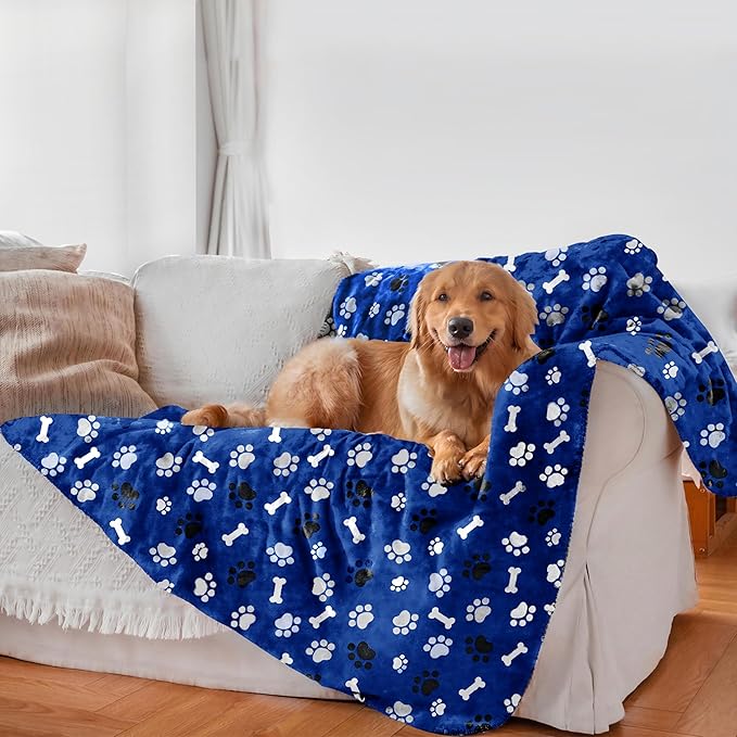 Waterproof Dog Blanket, Pattern Printing Super Soft Warm Fluffy Facecloth Sofa Car Bed Protector, Urine Proof Washable Outdoor Pet Blanket for Puppy Large Dogs & Cats(paw & Bone40*30) Blue