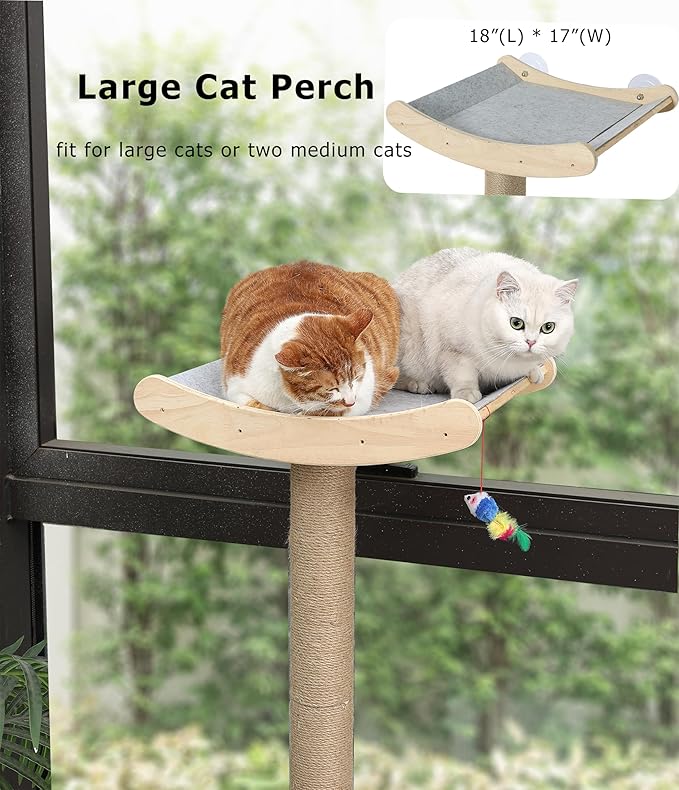 Window Cat Perch with Scratching Posts, 46" Wood Tree Bed for Maine Coon Big Cats Perching and Lounging, Mounted with 3 Strong Suction Cups (Wood Platform)