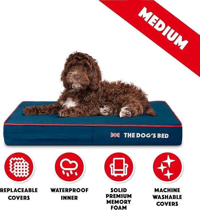 The Dog’s Bed Orthopedic Memory Foam Dog Bed, Medium Blue Oxford with Red Trim UK Flag, Pain Relief for Arthritis, Hip & Elbow Dysplasia, Post Surgery, Supportive, Calming, Waterproof Washable