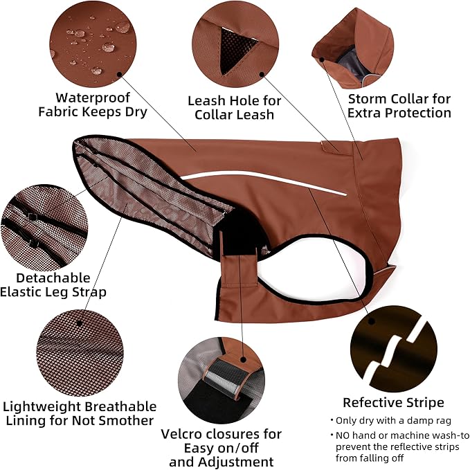 Mile High Life Dog Raincoat, Adjustable Waterproof Reflective Rain Jacket for Small Medium Large Dogs, Lightweight Breathable Pet Rain Coat with Leash Hole(Brown,L Chest 32-40")