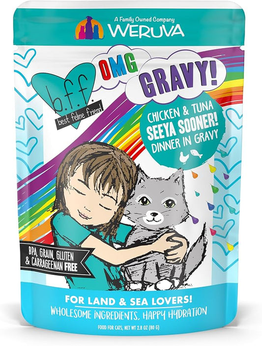 Weruva B.F.F. OMG - Best Feline Friend Oh My Gravy!, Seeya Sooner! with Chicken & Tuna in Gravy Cat Food, 2.8oz Pouch (Pack of 12)