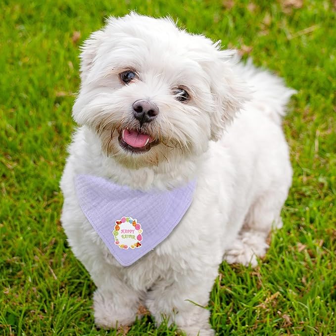Dog's Bandanas Solid Color Cotton Easter Letter Embroidered Pet Scarf with Adustable Button,Purple,Medium