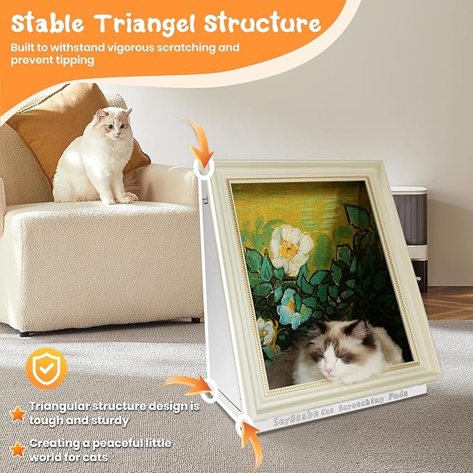 Mona Lisa Cat Bed Painting Cat Scratcher Bed CartBoard Cat House for Indoor Cats Half-Surround Design W/Horizontal Cat Scratcher Scratching Board W/Catnip (B2-Pearl Earrings, Frame Pre-Taped)