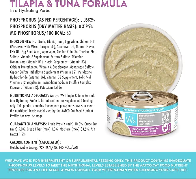Weruva Wx Phos Focused Tilapia and Tuna Formula in a Hydrating Puree 5.5oz Can, Pack of 8
