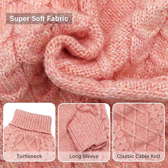 KYEESE Dog Sweater with Long Sleeve Classic Cable Knit Dogs Clothes Soft Pets Sweater, Turtleneck Dogs Coats Small Dog Sweater for Cold Weather, Pink, X-Small