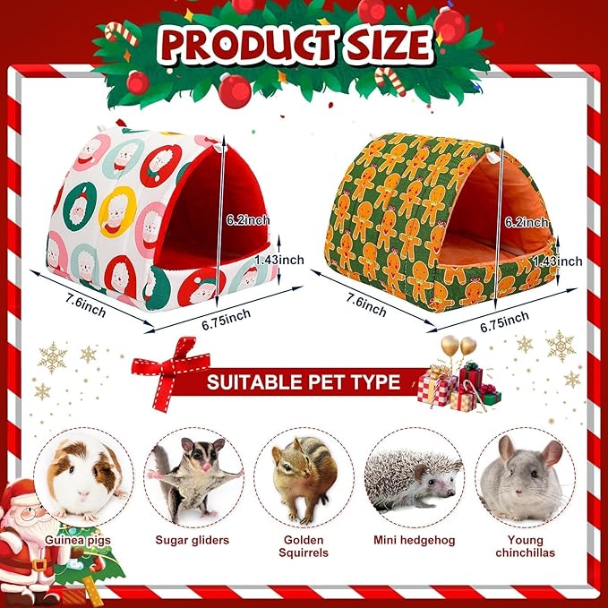 UPINS 2 Pack Christmas Guinea Pig Bed, Guinea Pig Hideout Washable Small Animal House Cage Accessories for Chinchillas Hamsters Hedgehogs Ferrets Bearded Dragons and Rats